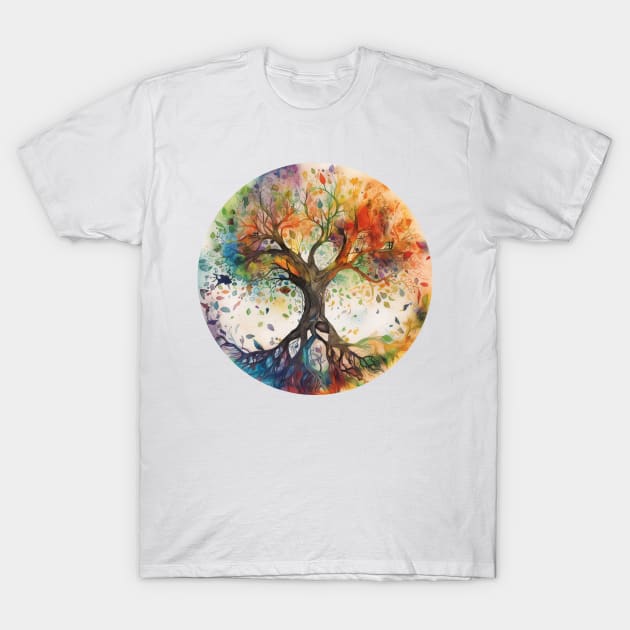 Tree of Life Elemental Magic Spiritual Watercolor Art T-Shirt by Dragonfly Tees